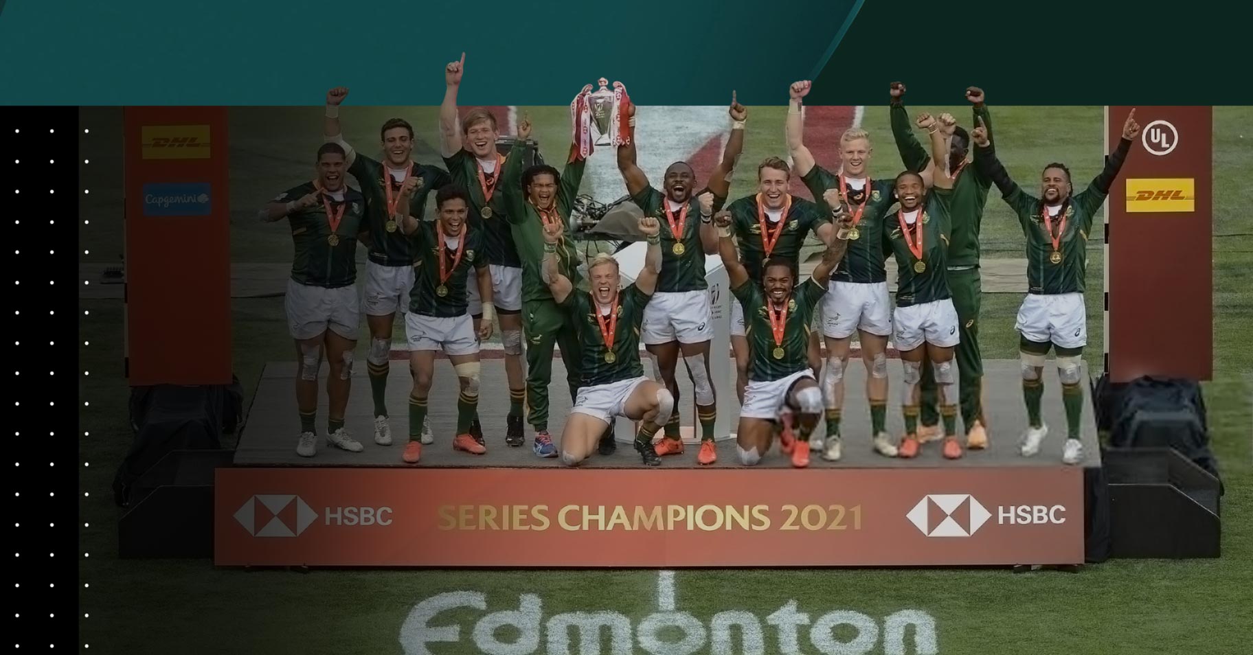 Blitzboks Sevens Rugby Team victoriously lifting the HSBC World Rugby Sevens Series Trophy