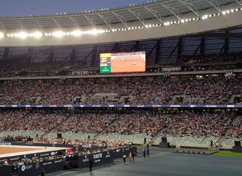 Megaview Screen at the 'Match In Africa' tennis match between Rafaek Nadal and Roger Federer
